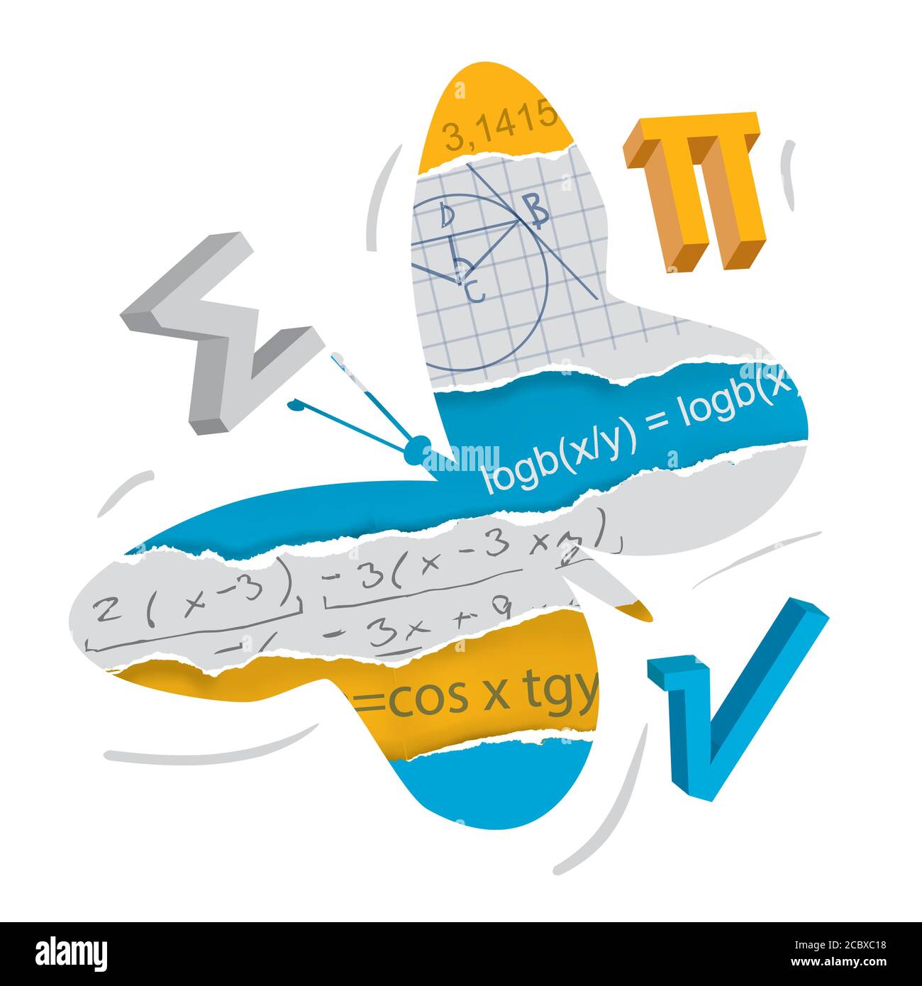 Einfaches Lernen der Mathematik, Schmetterling Konzept. Schmetterling Silhouette mit mathematischen Symbolen auf zerrissenem Papier.Konzept des einfachen Lernens von Mathematik. Stock Vektor