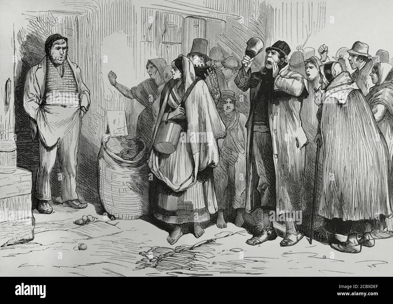 Irland. Episoden sozialer Unruhen. County Mayo Bauern 'boykottieren' ein Ladenbesitzer. Gravur. La Ilustracion Española y Americana, 1881. Stockfoto