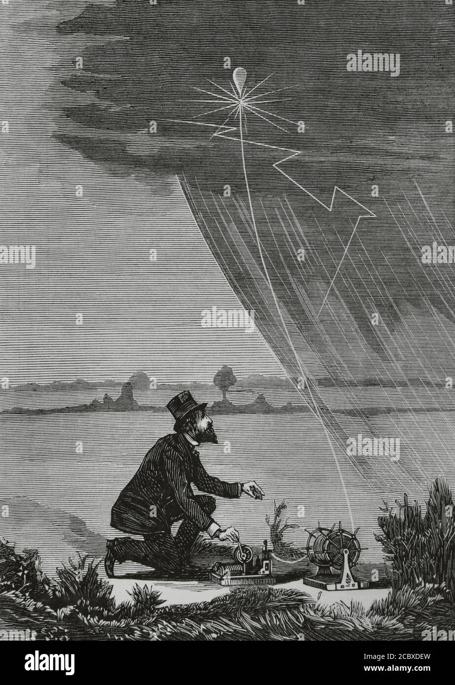 Daniel Ruggles (1810-1897). Brigadier General in der Bundesstaaten Armee während des amerikanischen Bürgerkrieges. 1880 erhielt er ein Bundespatent, um Regen durch Explosionen in den Wolken zu erzeugen. Das Experiment bestand in aufsteigendem Dynamit, durch einen Drachen, zu einer Wolke und explodierenden es zu regen Niederschlag. Drähte wurden vom Boden aus verwendet, um den Sprengstoff zu zünden. Die Versuche waren in der Regel erfolglos. Mr. Ruggles' Verfahren zur Herstellung von künstlichem Regen. Gravur. La Ilustracion Española y Americana, 1881. Stockfoto