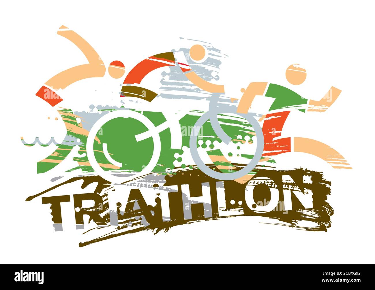 Riathlon-Rennen Zeichen ausdrucksstark stilisiert. Drei Triathlon-Athleten auf dem grunge-Hintergrund mit Aufschrift Triathlon. Vektor verfügbar. Stock Vektor