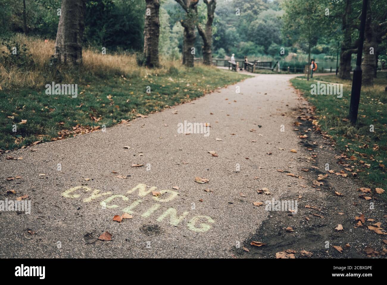 Farbbild eines Pfades auf Hampstead Heath, London, zeigt die Worte kein Radfahren. Stockfoto