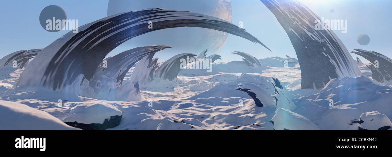 Alien Planetenlandschaft, schöne gefrorene Oberfläche auf einer anderen Welt Stockfoto