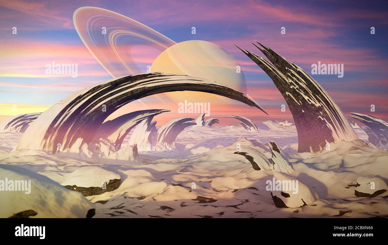 Alien Planetenlandschaft, schöne gefrorene Oberfläche auf einer anderen Welt Stockfoto
