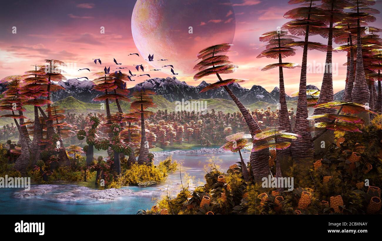 Alien Planetenlandschaft, schöner Wald die Oberfläche eines Exoplaneten Stockfoto