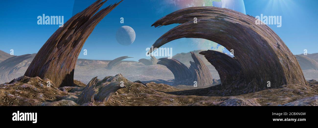 Außerirdische Planetenlandschaft, seltsame Felsformationen auf der Oberfläche eines Exoplaneten Stockfoto