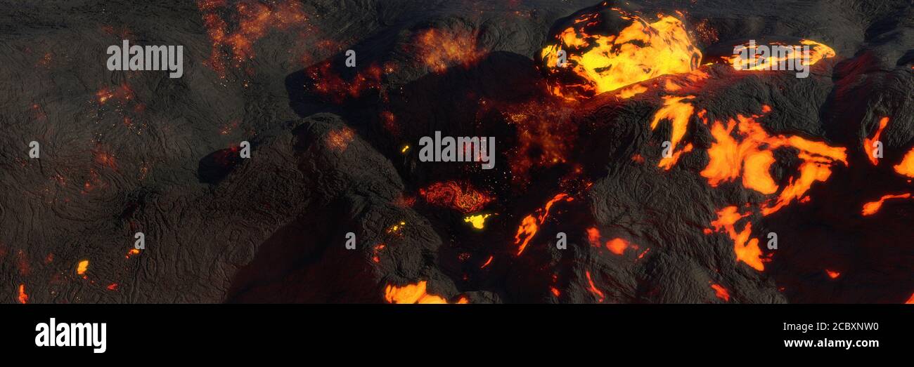 Lavafeld, heißer Magmafluss, geschmolzene Landschaft Stockfoto