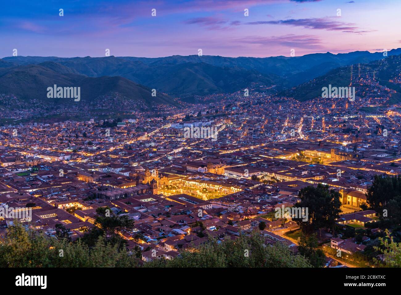 Cusco Stadtbild bei Sonnenuntergang, Peru, Südamerika. Stockfoto