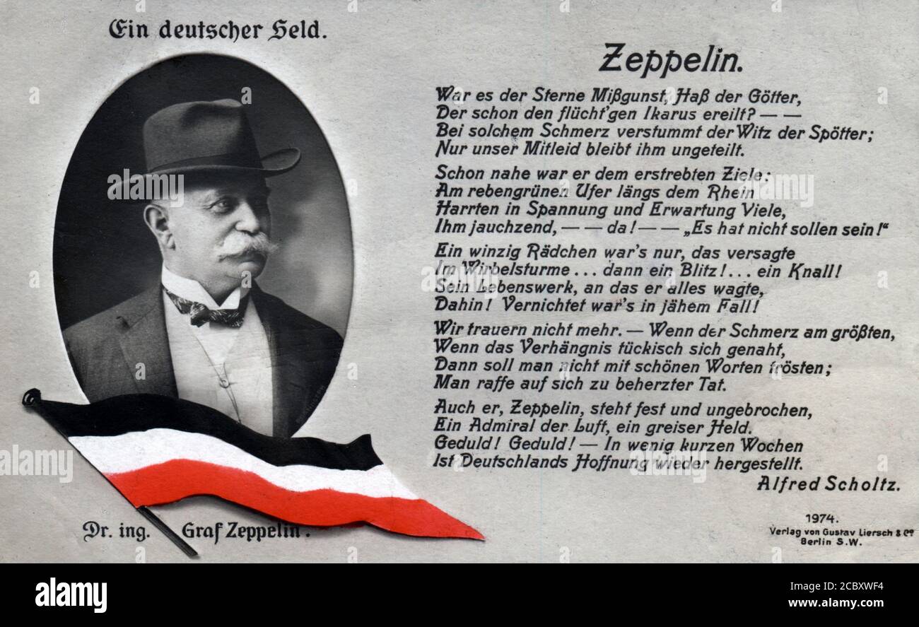 Ein 1908 fotografisches Bild des Grafen Ferdinand von Zeppelin, des deutschen Generals und Gründers der Zeppelin-Luftschiffgesellschaft. Mit dem Titel „ein deutscher Held – Dr. Ing. Graf Zeppelin“ (EIN deutscher Held – Graf Zeppelin). Mit dem Gedicht „Zeppelin“ von Alfred Scholtz Stockfoto