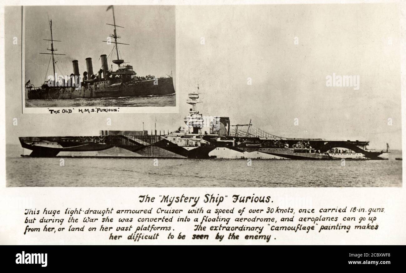 Foto einer Postkarte mit dem Titel „The „Mystery Ship“ Furious“ mit dem frühen Flugzeugträger der Royal Navy, H.M.S. Wütend vor glitzernder Tarnung. Darstellung des Schiffs kurz nach der Ausstattung mit einem hinteren Landedeck. Ca. 1918 Stockfoto