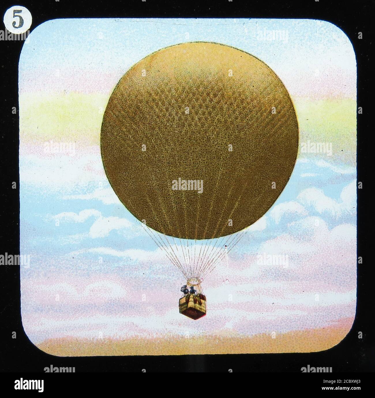 Eine magische Laternenrutsche mit dem Titel „Aloft“, die einen frühen Wasserstoffballon darstellt. Aus der Serie „The Conquest of the Air“, herausgegeben von W. Butcher & Sons, London um 1910. Stockfoto