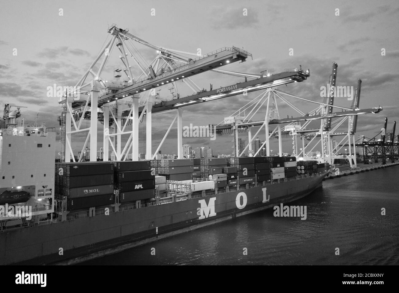 Miami, USA - 01. März 2016: MOL-Schiff im Abendhafen. Behälterbehälter. Container und Krane Beleuchtung. Zuführbehälter. Seeschiff. Schwimmende Anlage mit oder ohne Hafen. Seeverkehr. Stockfoto