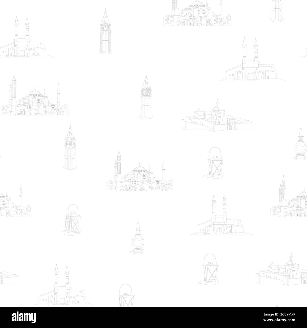 Die Hagia Sophia, Ishak Pasha Palac, Doppel-Minarett, Historischer Galata-Turm. Die berühmte Architektur der Türkei. Nahtloses Muster. Stock Vektor