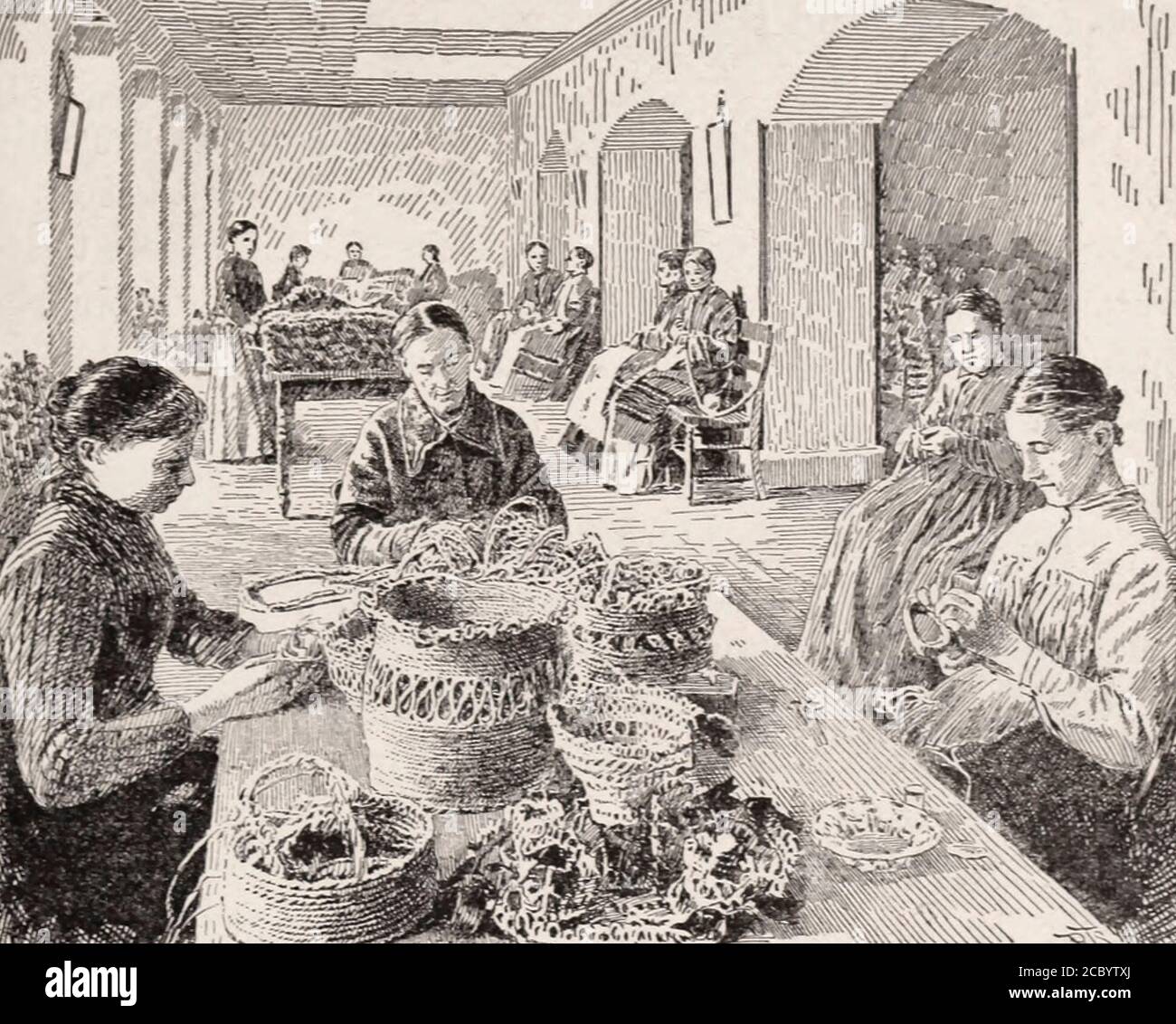 Verrückte Patienten bei der Arbeit im Basket Weaving Room, Blackwell's Island, New York City, um 1892 Stockfoto