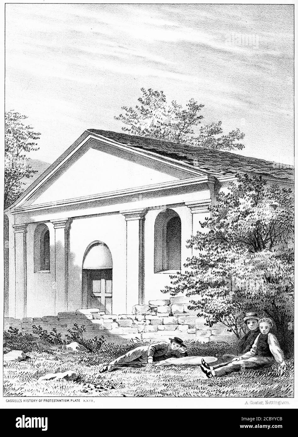 Gravur einer Kirche von Angrogna Stockfoto
