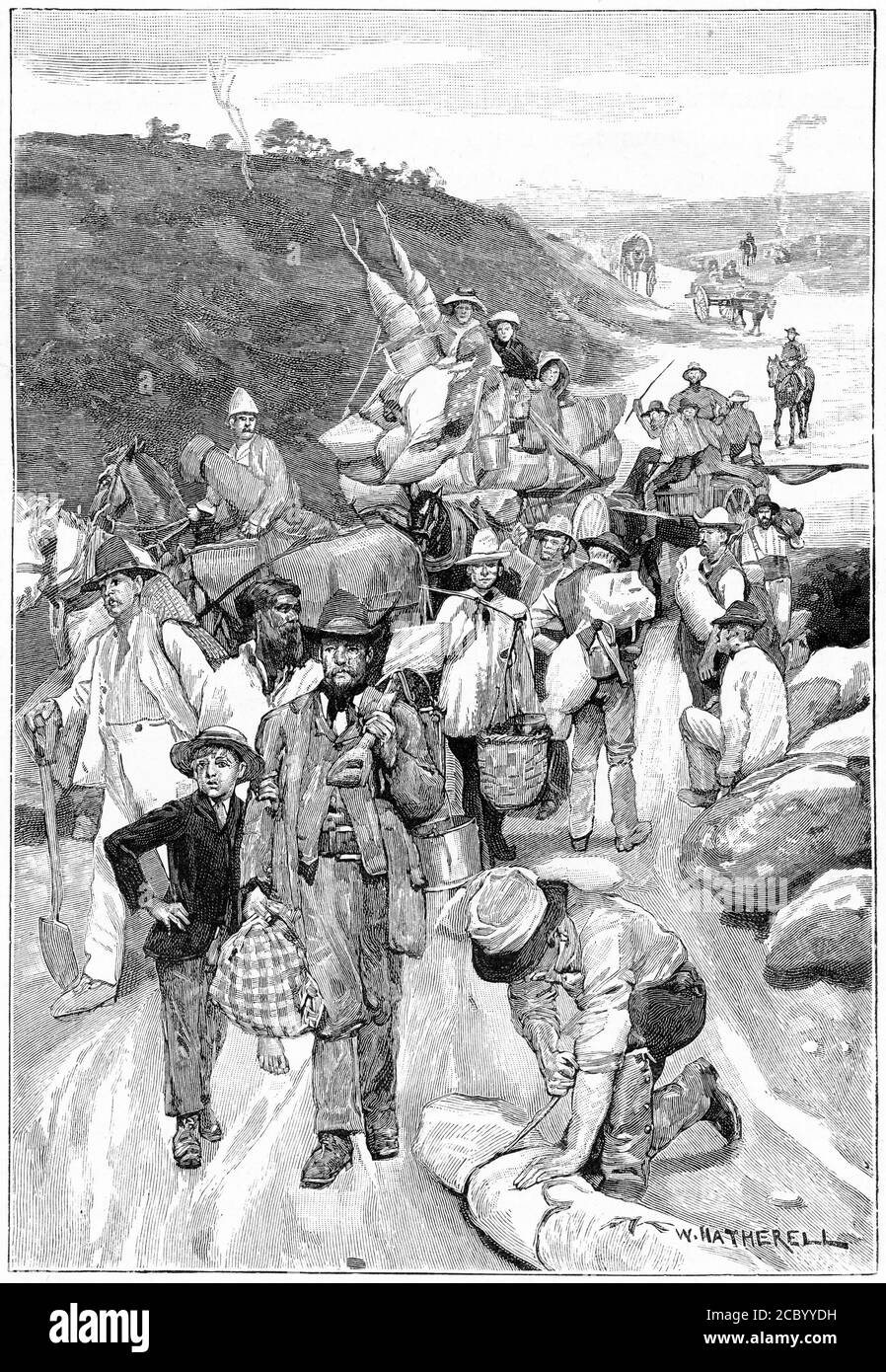 Gravur von Menschen auf dem Weg zu den Baggern in Australien während der 1850er Jahre stürmt Gold Stockfoto