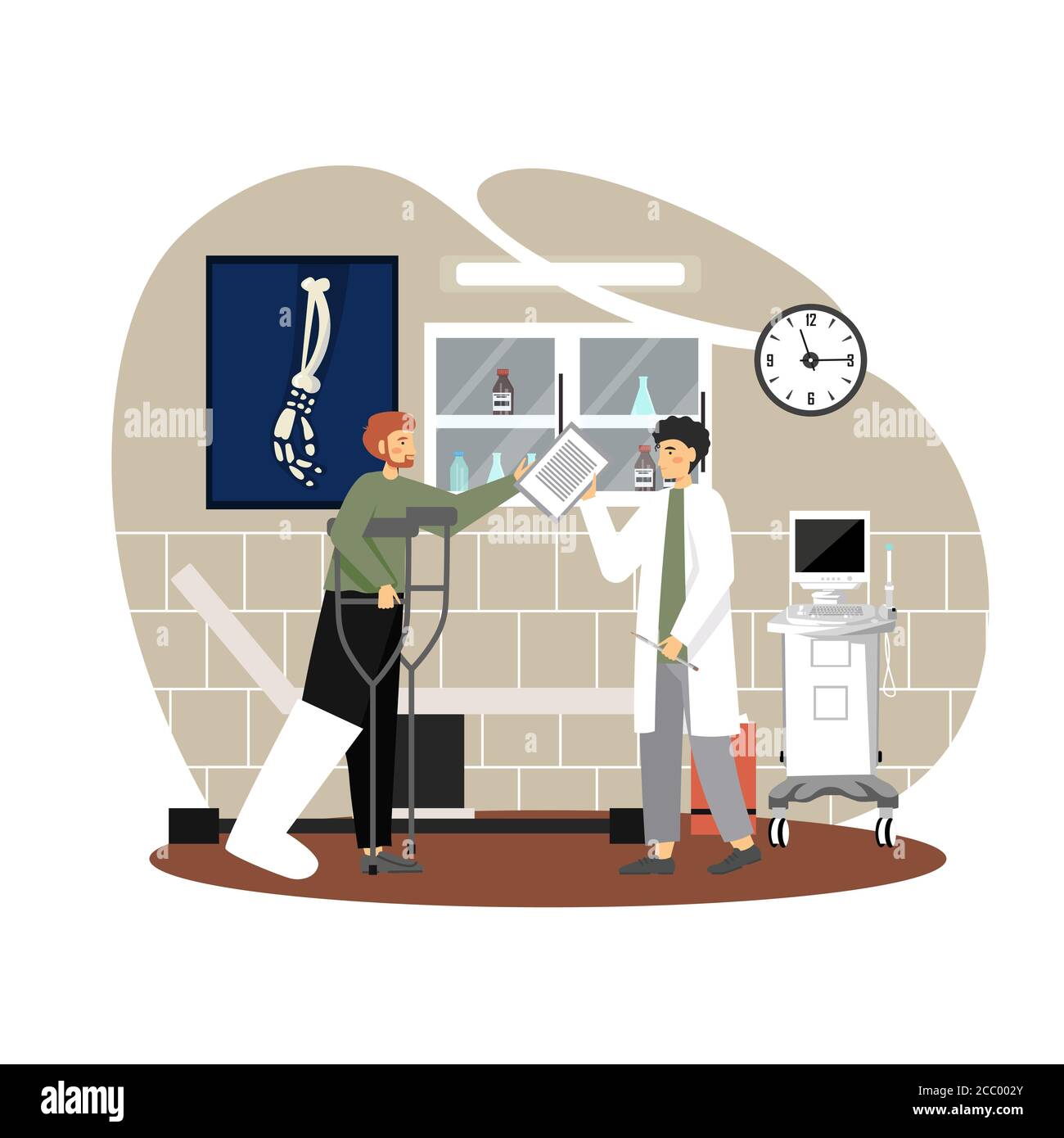 Arzt im Gespräch mit Patienten mit gebrochenem Bein in Cast mit Krücken, Vektor-flache Abbildung Stock Vektor