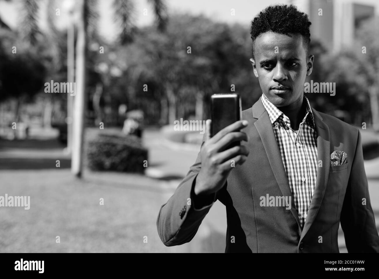 Junger gutaussehender afrikanischer Geschäftsmann, der im Park telefoniert Stockfoto