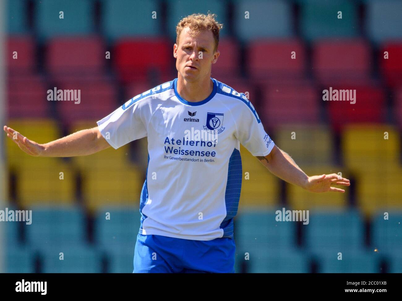 Berlin, Deutschland. August 2020. Fußball: Regionalliga Nordost, VSG Altglienicke - Tennis Borussia Berlin, 1. Spieltag im Fiedrich-Ludwig-Jahn-Sportpark. Rene Pütt aus Altglienicke. Quelle: Soeren Stache/dpa-Zentralbild/ZB/dpa/Alamy Live News Stockfoto