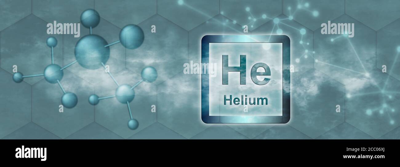HE-Symbol. Chemisches Helium-Element mit Molekül und Netzwerk auf grauem Hintergrund Stockfoto