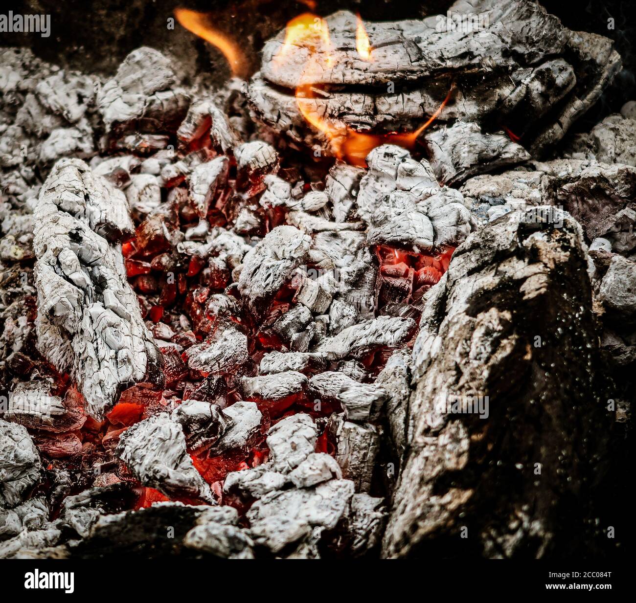 Selektiver Fokus Aufnahme brennender Holzkohle mit brennendem Feuer Stockfoto