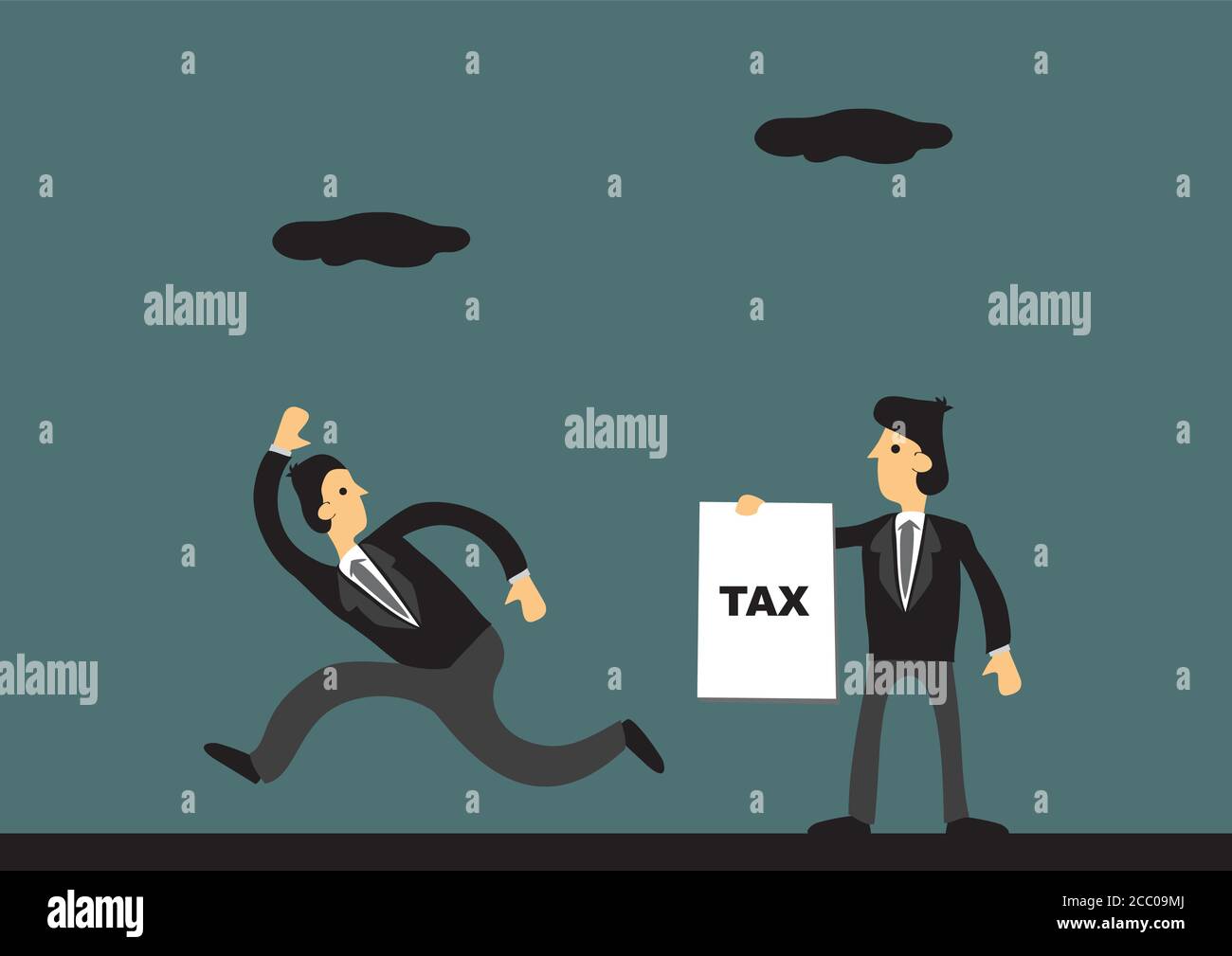 Cartoon Geschäftsmann läuft weg von Steuereinnehmer. Vektordarstellung zum Konzept der Steuerhinterziehung. Stock Vektor