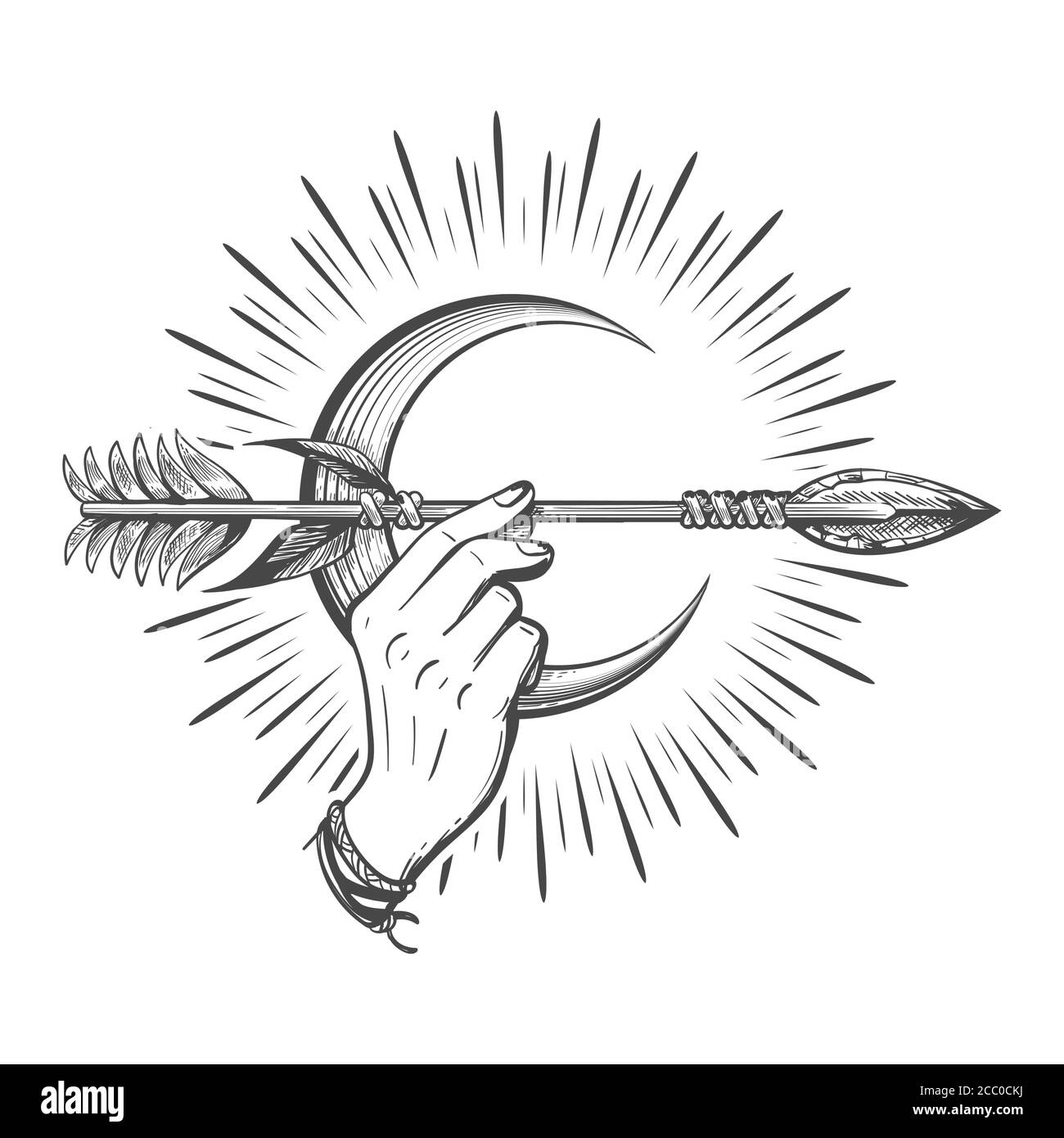 Menschliche Hand Hält Indischen Pfeil Gegen Halbmond. Mystisches Symbol. Vektor-Tattoo. Stock Vektor