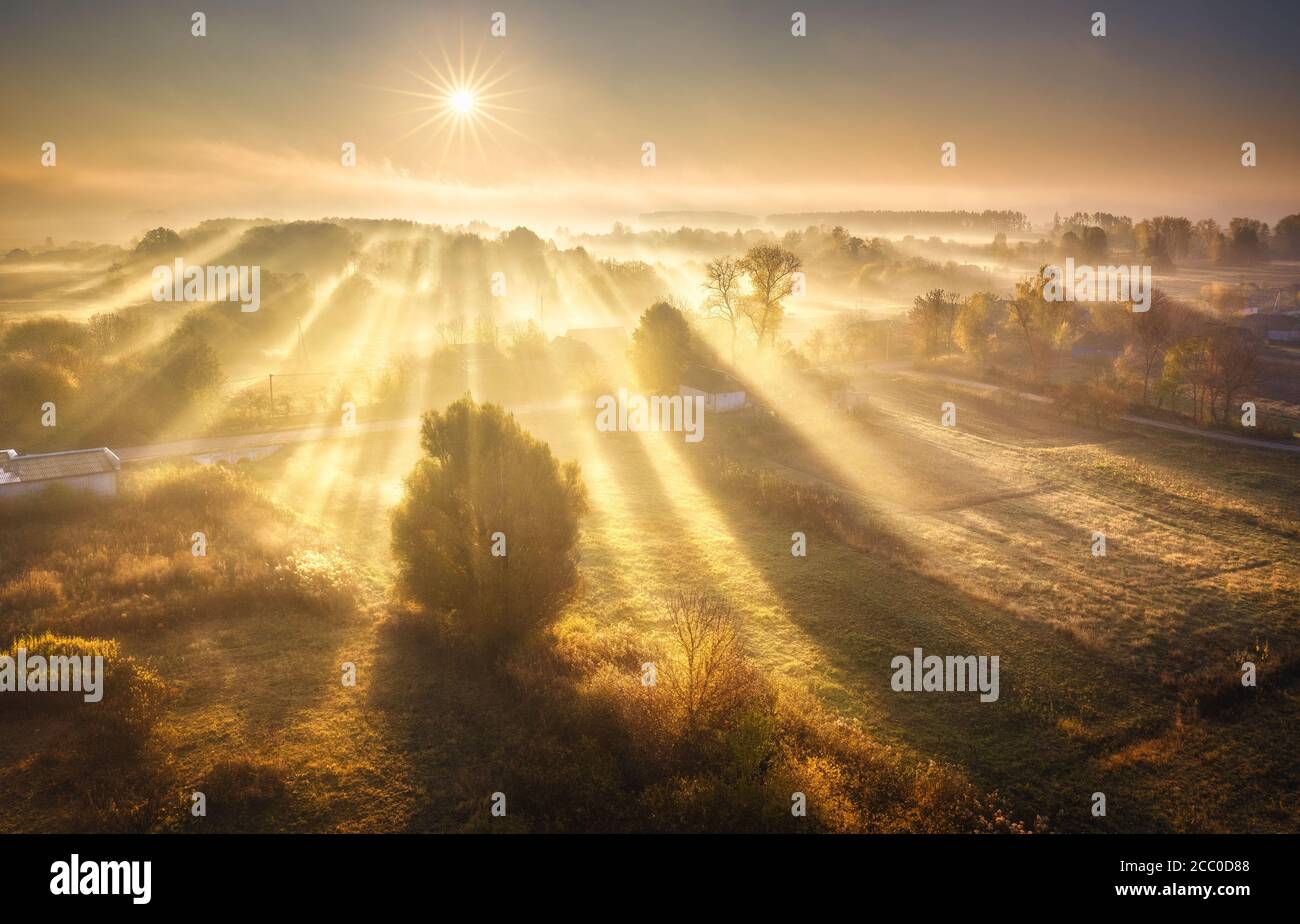 Luftaufnahme des Hauses mit bunten Bäumen auf dem See Stockfoto