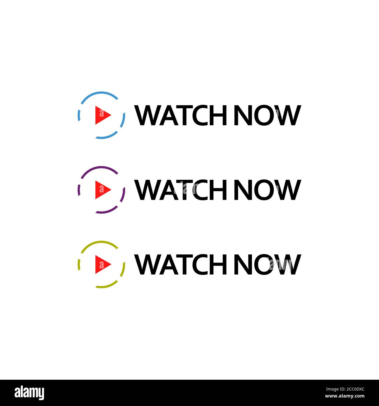 Sehen Sie sich jetzt Button-Logo-Symbol mit Text-und Video-Wiedergabe Symbol in verschiedenen Farben Vektor-Illustrationen Stock Vektor