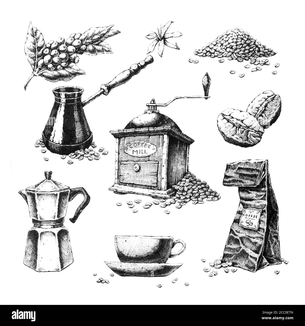 Handgezeichnete Schwarz-Weiß-Illustrationen zum Thema Kaffee. Nur JPEG. Stockfoto