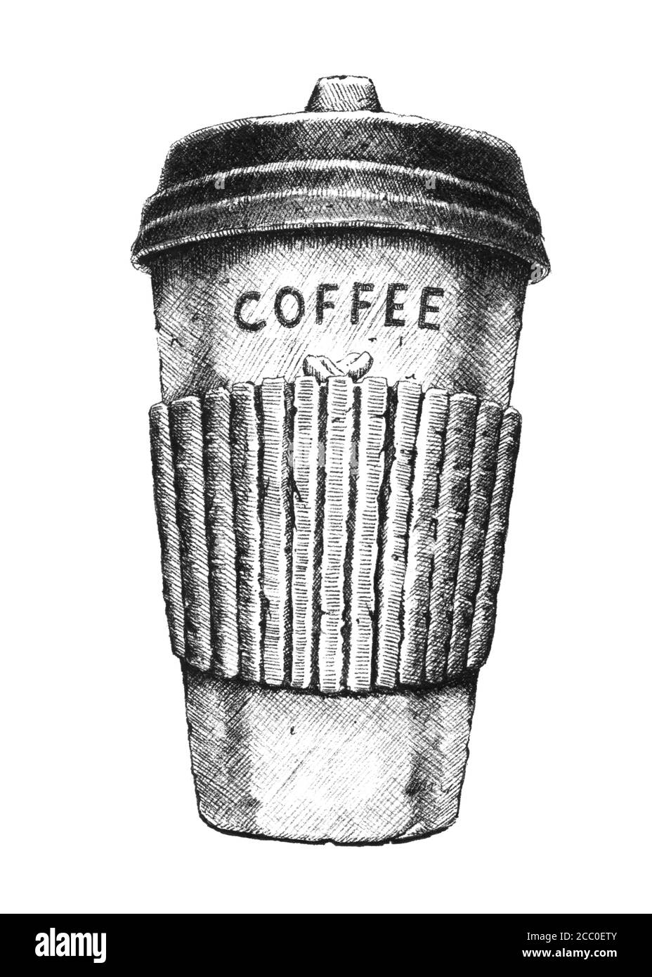 Handgezeichnete schwarz-weiße Illustration des Kaffees zum Mitnehmen. Nur JPEG. Stockfoto