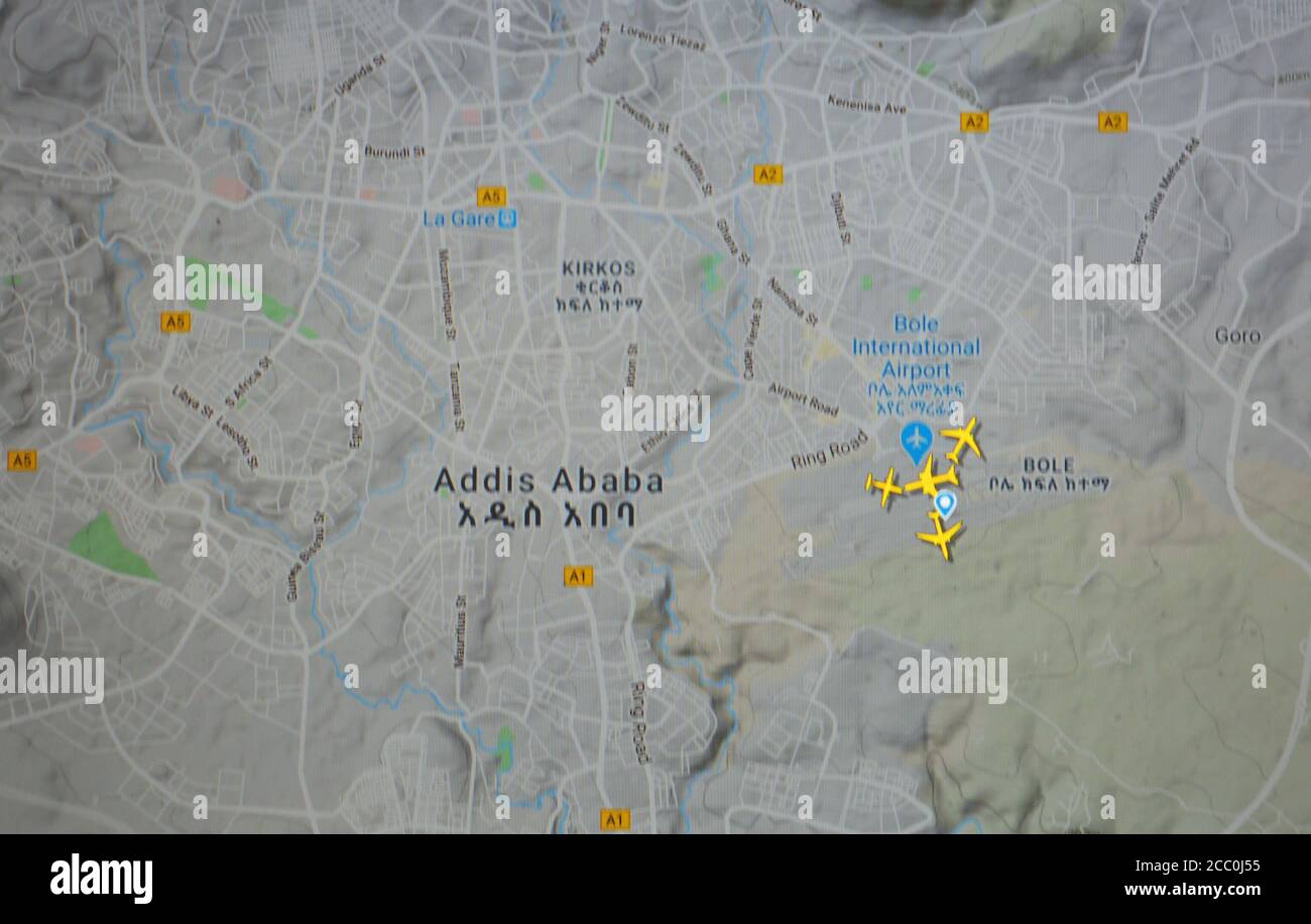 Flugverkehr über Addis Abeba, Äthiopien (15. august 2020, UTC 12.11) im Internet mit Flightradar 24-Standort während der Coronavirus-Pandemie Stockfoto