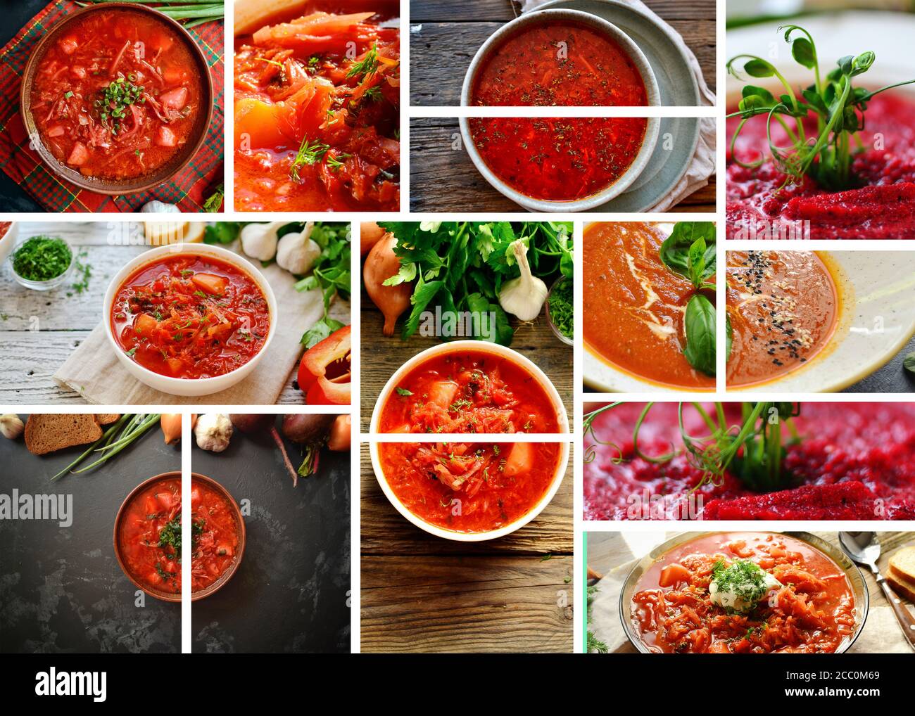 Ukrainische und russische Küche, leckere rote Borscht. Tomatensuppe. Gesunde vegane Gemüsekost. Stockfoto
