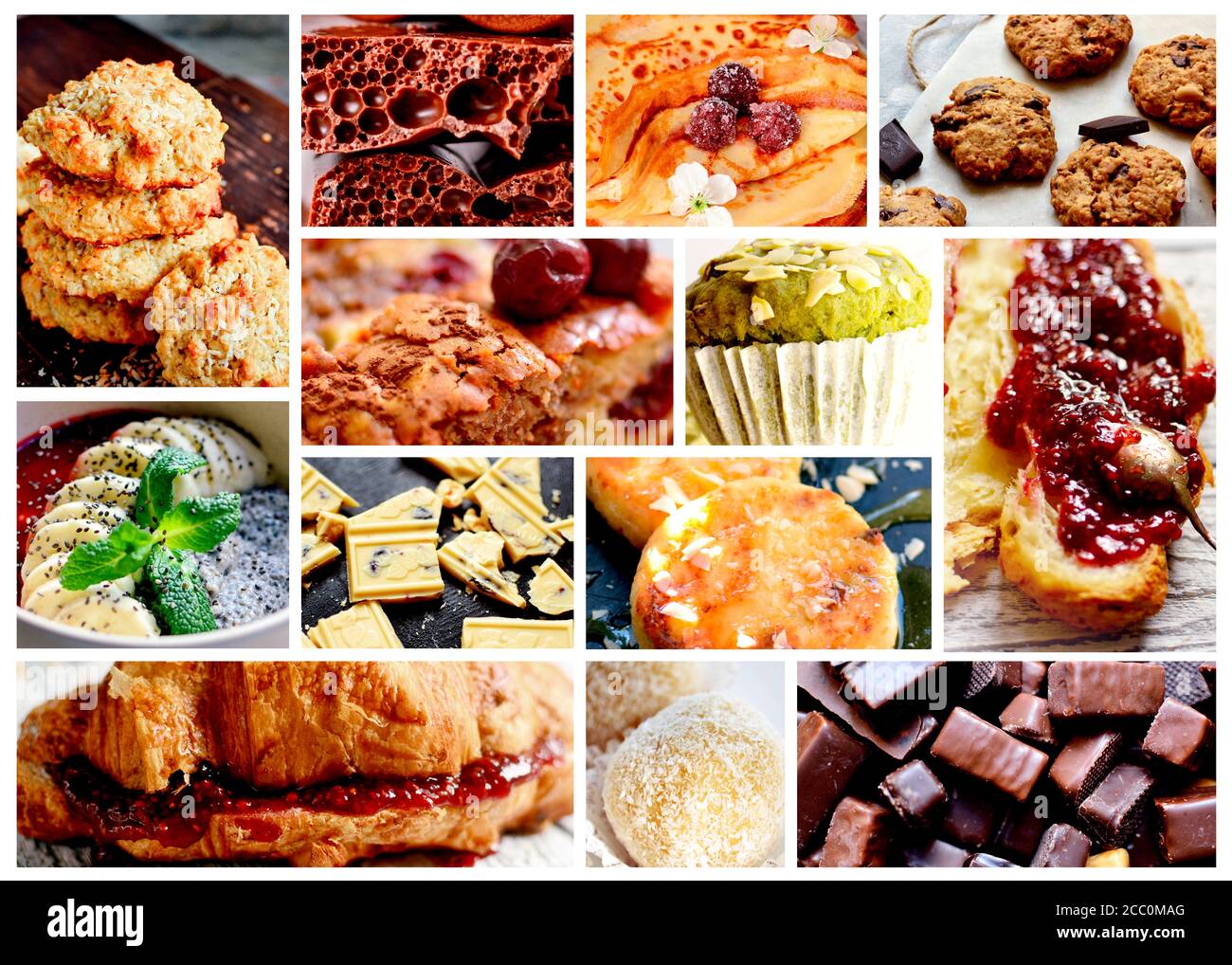 Collage von süßen Speisen. Croissants, Marmelade, Kaffee, süße Desserts und Getränke. Eine Auswahl an köstlichen Speisen. Stockfoto