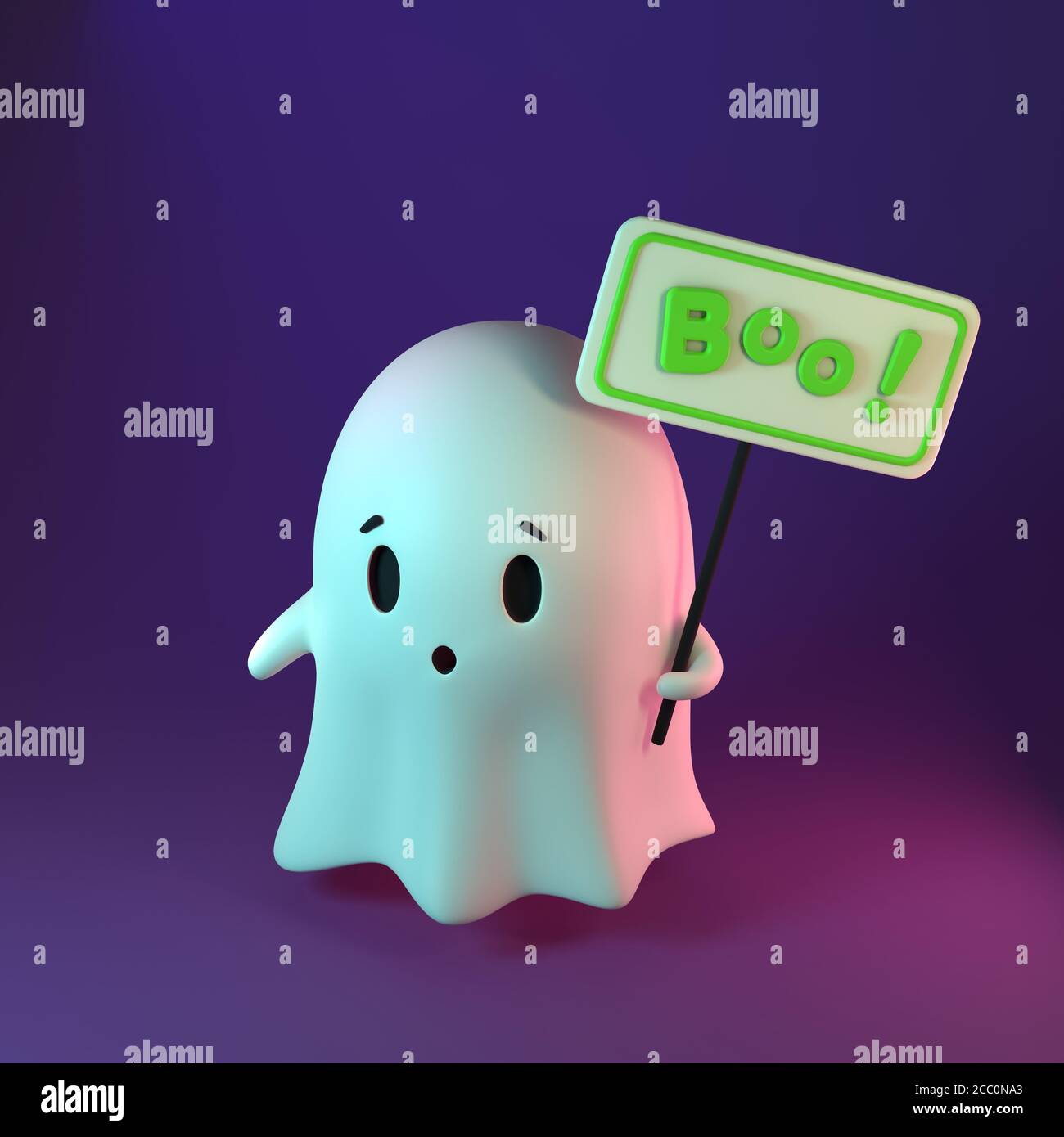 3D Rendering Illustration von niedlichen freundlichen Geist mit einer Inschrift auf dem Boo-Zeichen auf violettem Hintergrund. Frohe Halloween Stockfoto