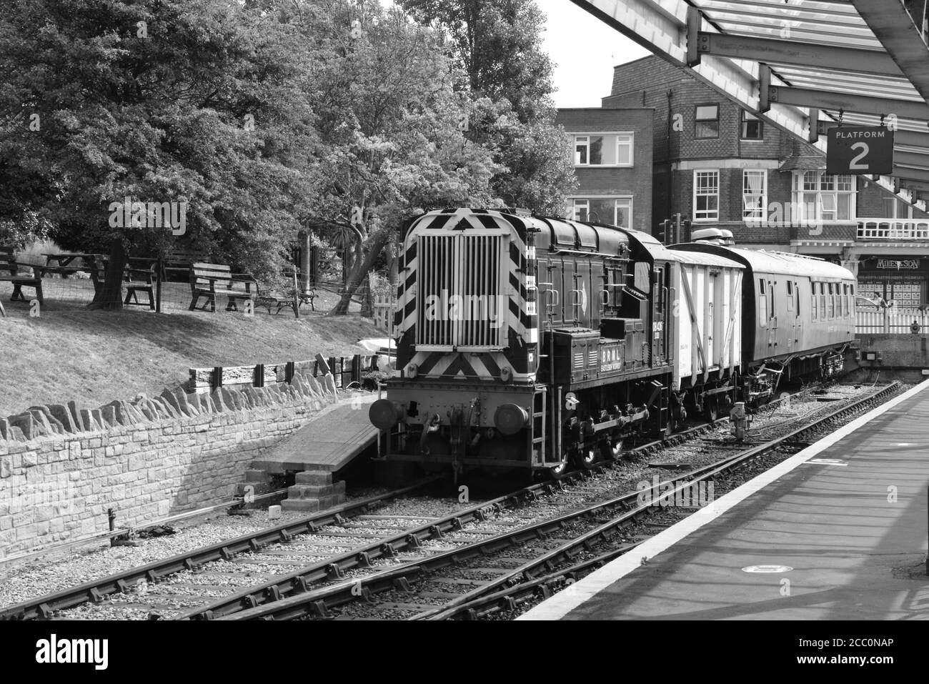 Ein Rangierbahnhof der Baureihe 08 am Bahnhof Swanage. Stockfoto