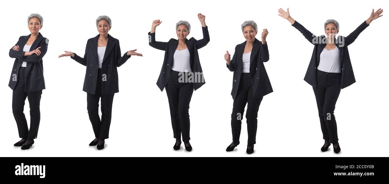 Set von Bildern von reifen asiatischen Geschäftsfrau mit verschiedenen Ausdrücke auf weißem Hintergrund isoliert Stockfoto