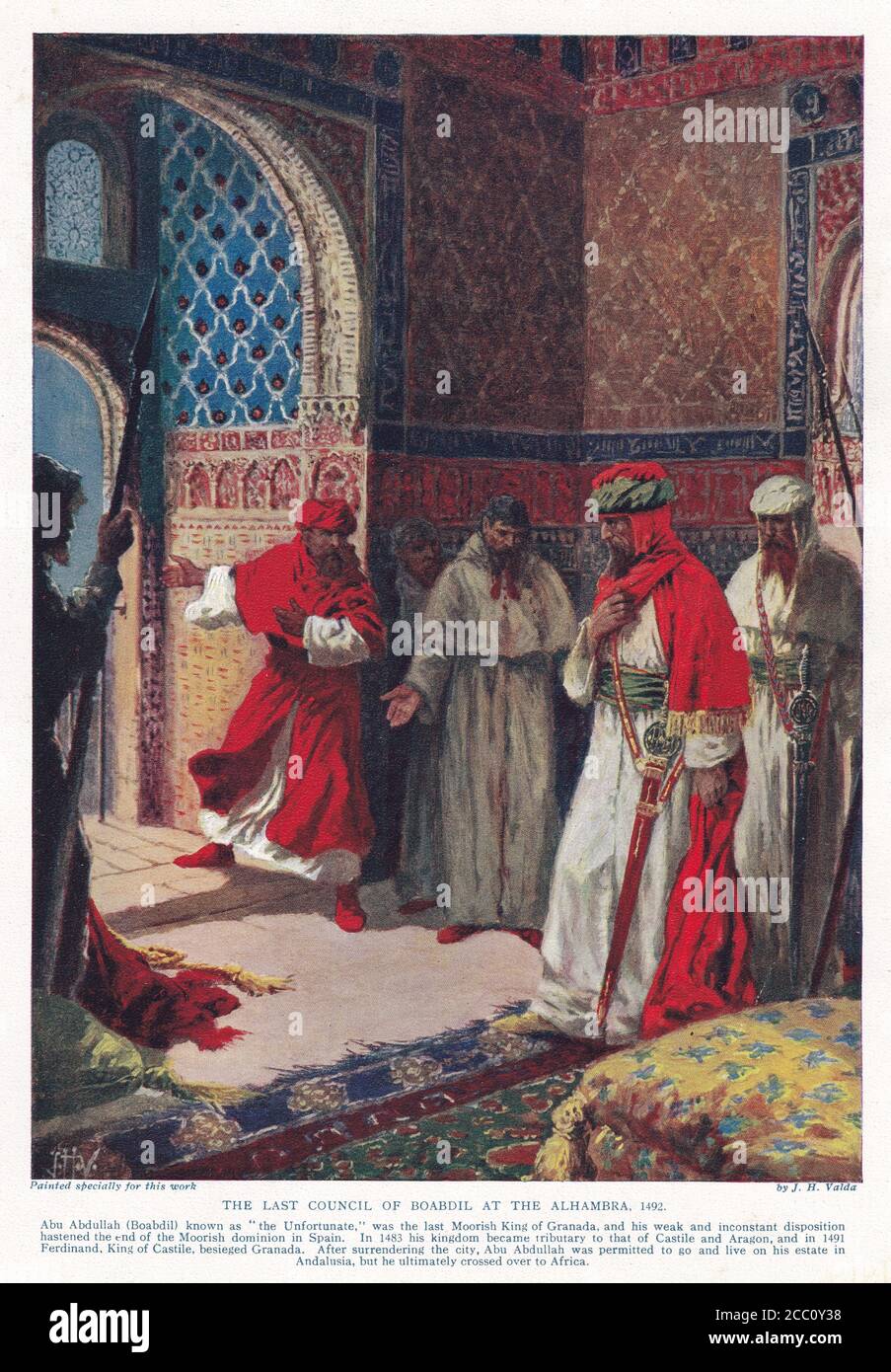 Das letzte Konzil von Boabdil in der Alhambra 1492 - Gemälde von J. H. Valda. Stockfoto
