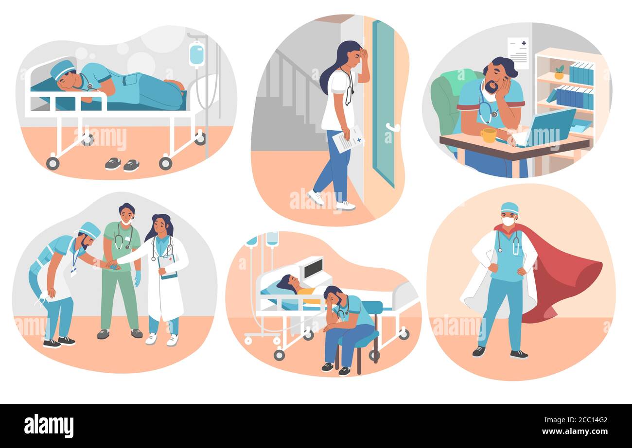 Müde überarbeiteten Ärzte, Vektor flach isoliert Illustration Stock Vektor