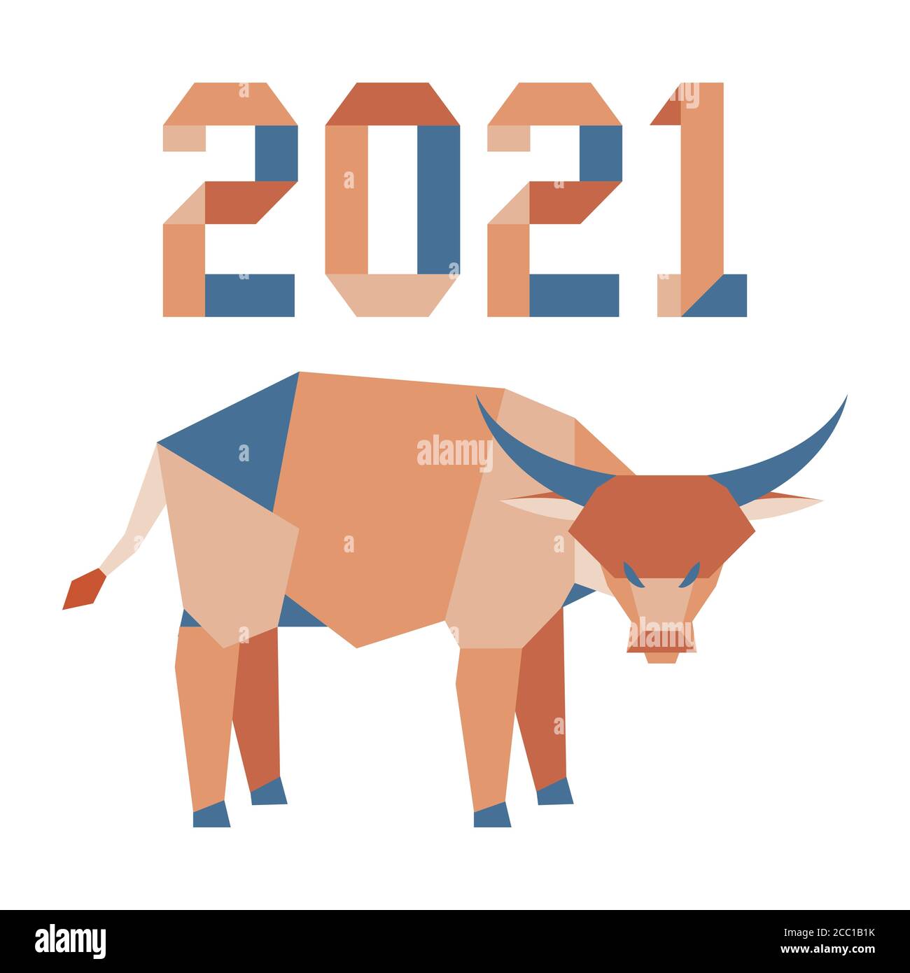 Frohes neues Jahr Vektor-Illustration mit Origami 2021 Jahre Zahlen und Stier. Stier jährliches Tierkreiszeichen, Symbol von 2021 auf dem chinesischen Kalender. Ye Stock Vektor