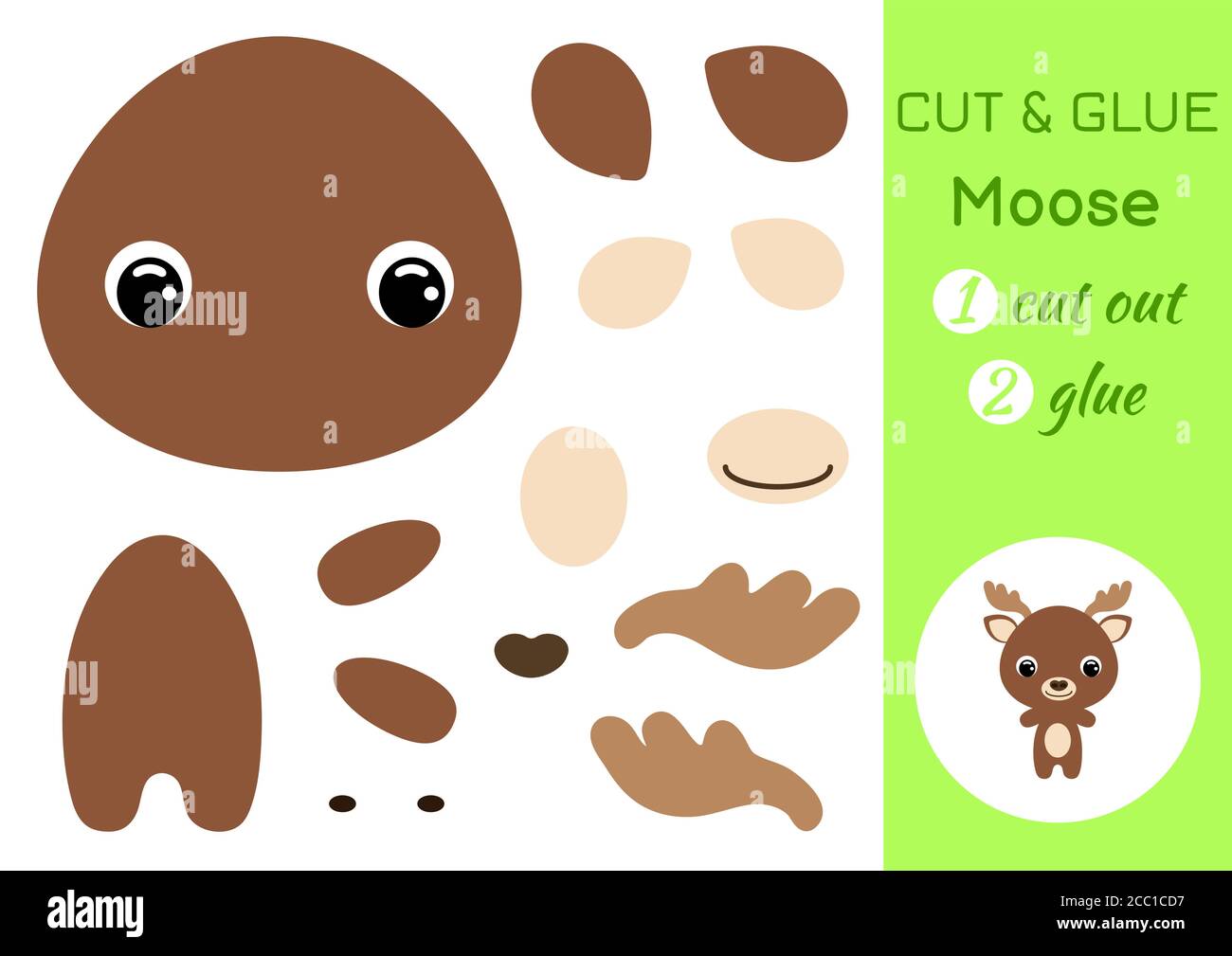 Schneiden und kleben Baby Elch. Arbeitsblatt zur Entwicklung von Schulungen. Farbe Papier Spiel für Kinder im Vorschulalter. Teile des Bildes ausschneiden und auf Papier kleben. Stock Vektor