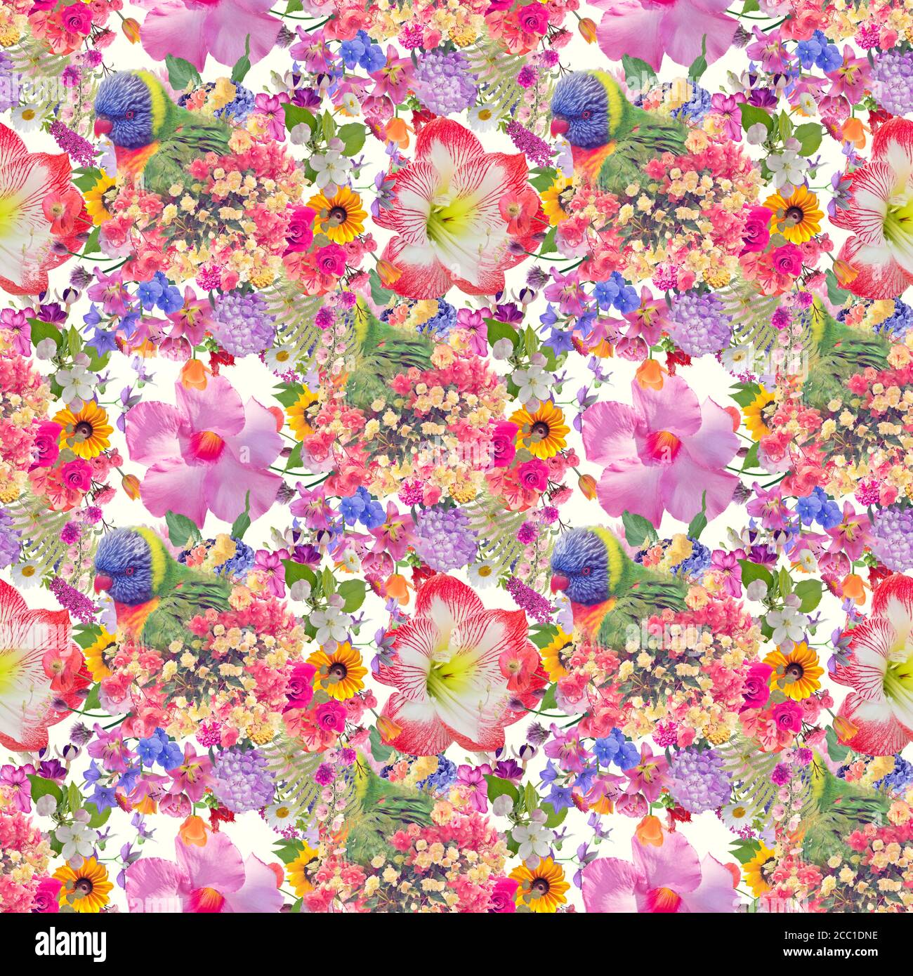 Nahtloses Blumenmuster mit Blumen und Papagei für Hintergrund, endlose Muster. Stockfoto