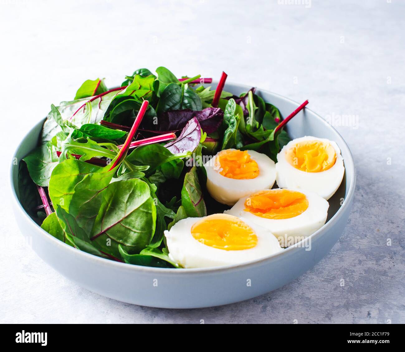 Mangold-Salat in einer blauen Schüssel auf blauem Hintergrund. Selektiver Fokus Stockfoto