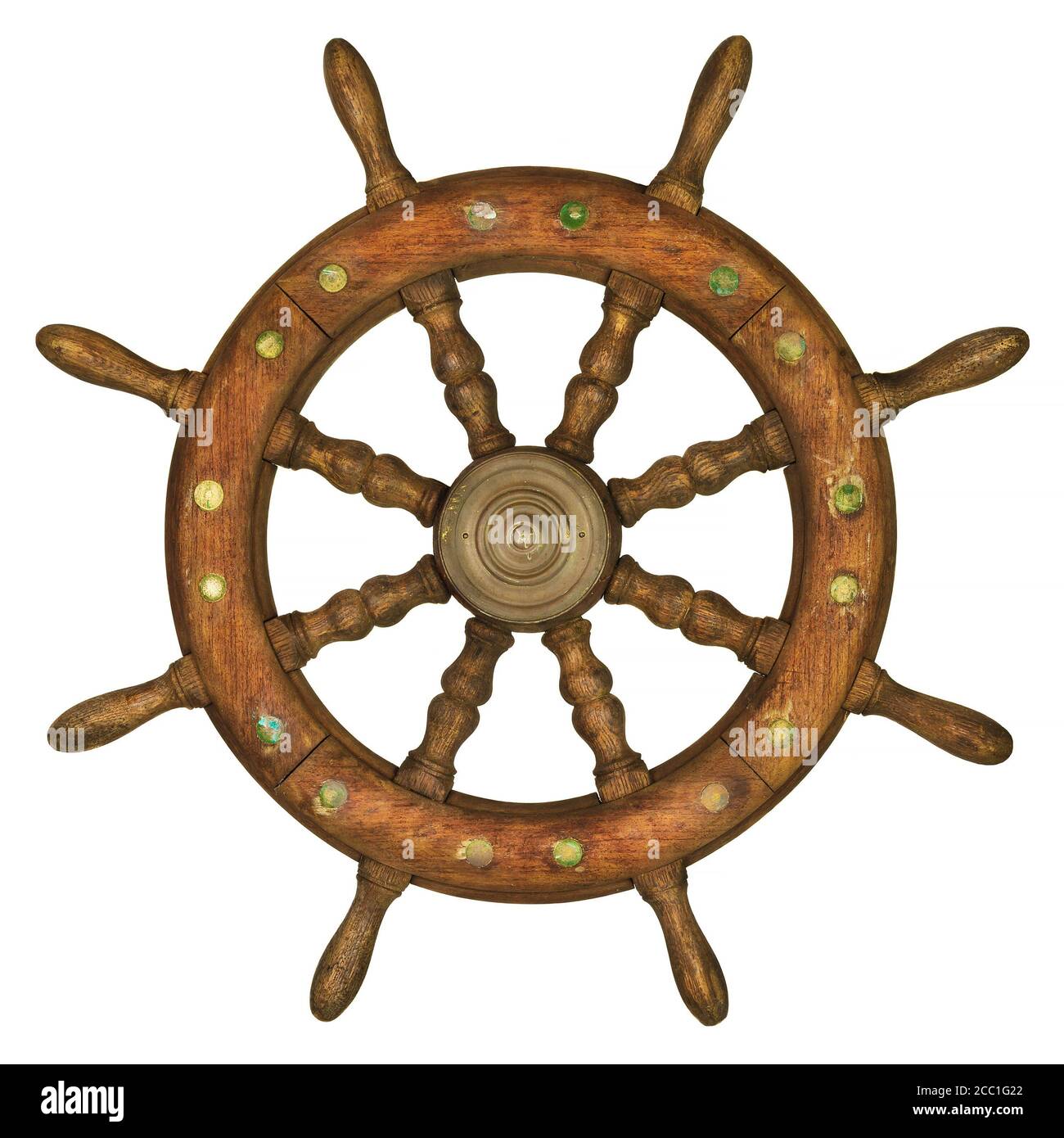 Vintage Holzschiff Lenkrad isoliert auf einem weißen Hintergrund Stockfoto