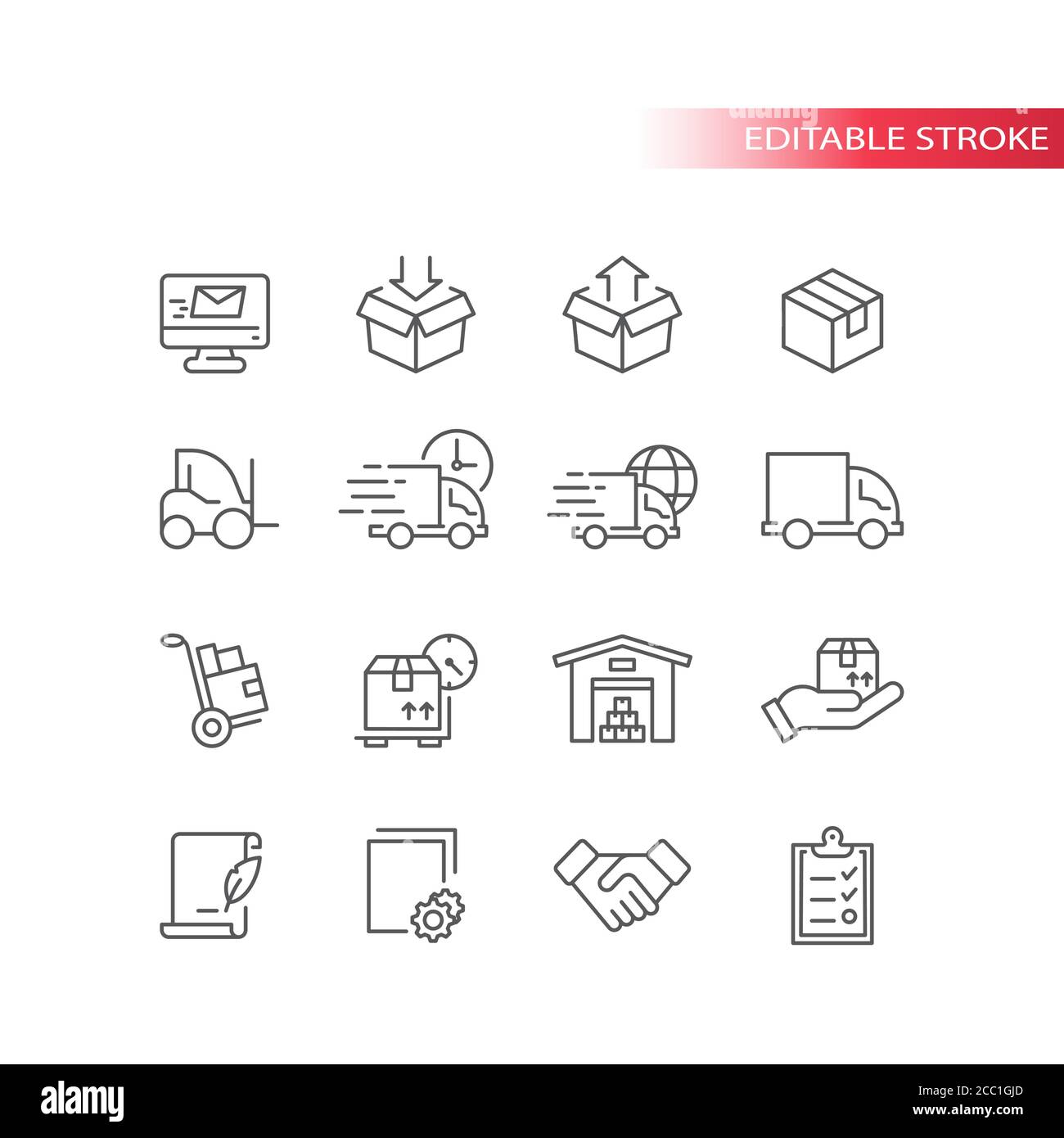 Symbole für dünne Linien. Symbol für Lieferdienst eingestellt. LKW, Lager, Lager und Box oder Paket Paket Umrisssymbole, editierbare Kontur. Stock Vektor