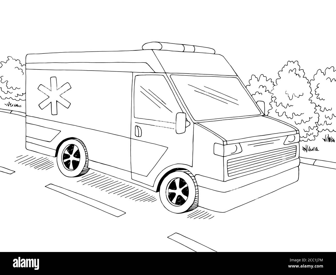 Krankenwagen Straße Straße Grafik schwarz weiß Landschaft Skizze Illustration vektor Stock Vektor