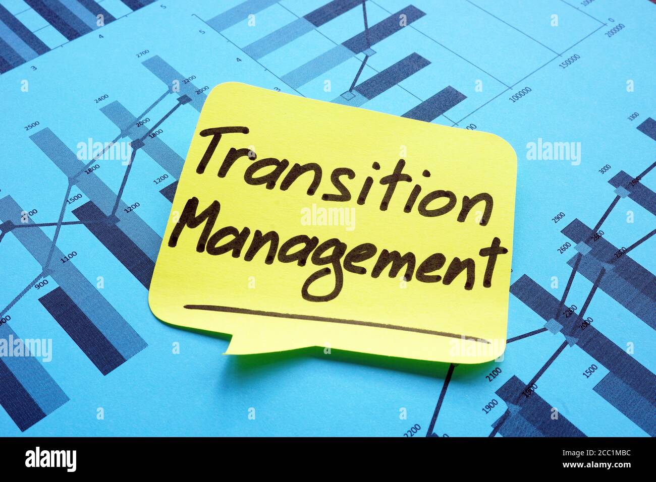 Transition Management handgeschrieben auf dem gelben Memostick. Stockfoto