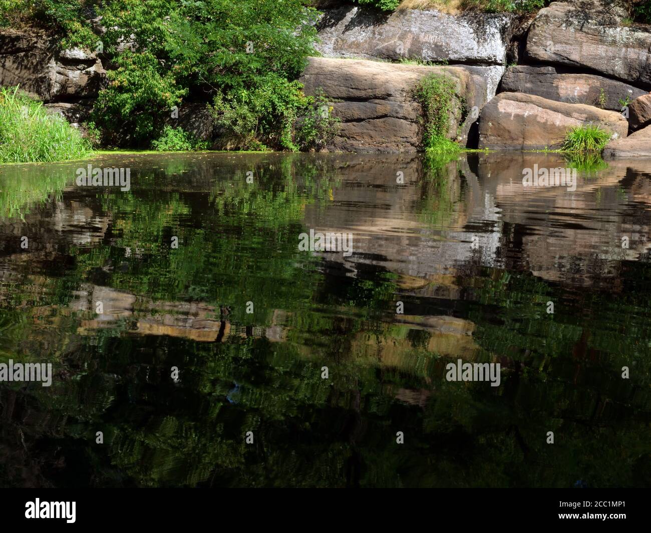 Sommer europäischer Fluss mit Steinbänken und grünen Bäumen. Stockfoto