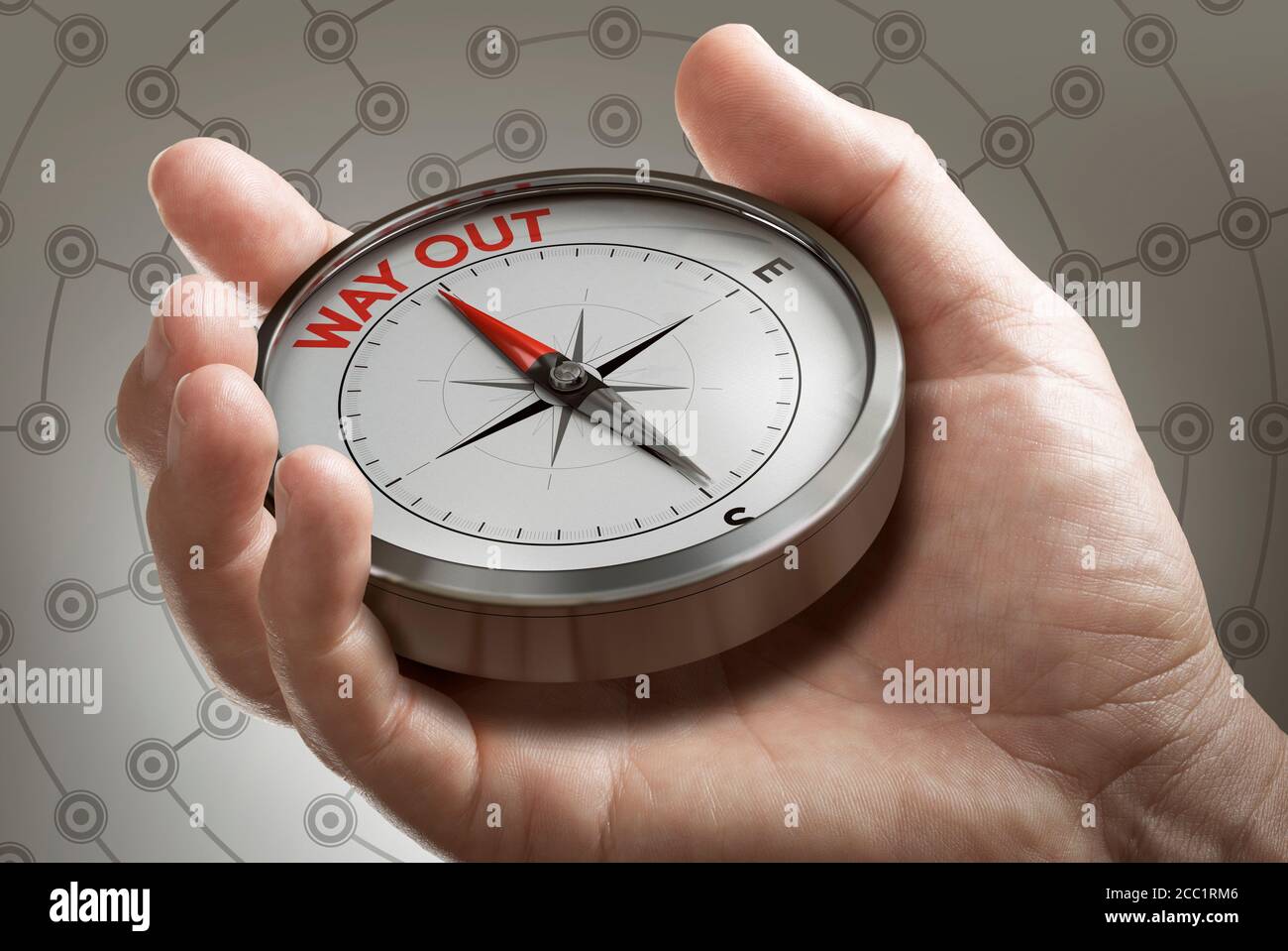 Man Hand zeigt Kompass mit Nadel zeigt den Text nach außen. Konzeptbild zur Veranschaulichung des Krisenausstiegsplans oder der Strategie. Zusammengesetztes Bild zwischen einem ha Stockfoto
