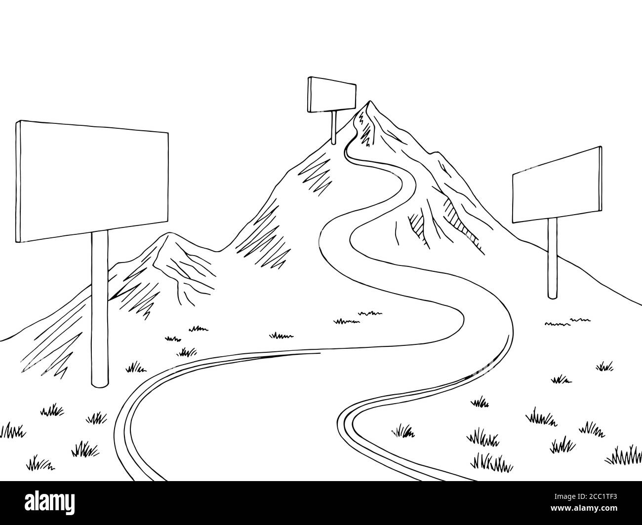 Mountain Road Plakatwand Grafik schwarz weiß Landschaft Skizze Illustration Vektor Stock Vektor