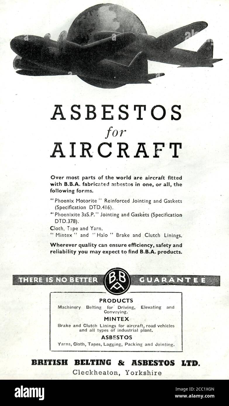 Vintage 1942 Werbung für British Belting Asbest Unternehmen, Lieferanten von Asbest für die Flugzeugindustrie. Stockfoto